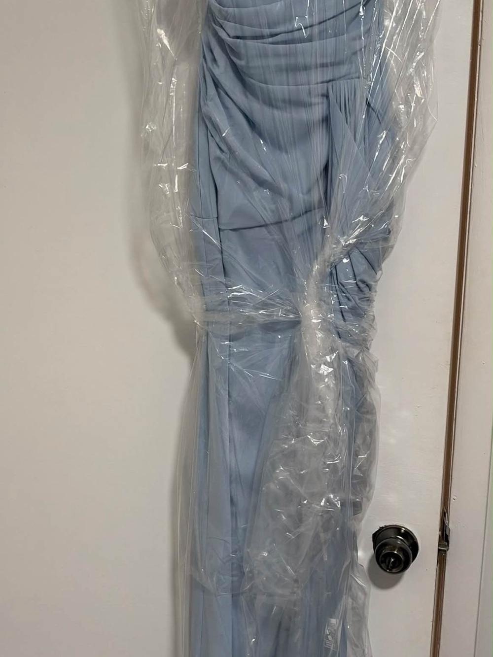 Strapless Light Blue Draped Evening Dress with High Slit - Picture 8 of 9